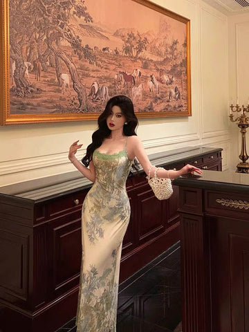 Sheath Spaghetti Straps Sage Green Floral Prom Dresses Birthday Outfits Evening Gown SD948